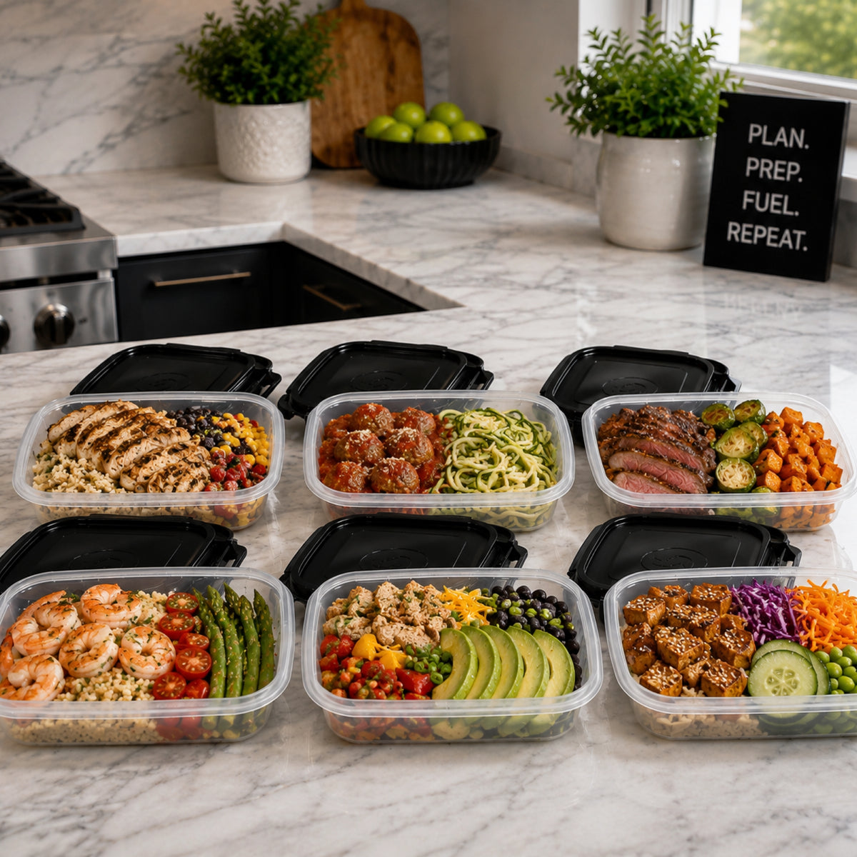 Meal Prep Management 24oz Containers | SET OF 6 | Clear/Black | Six Pack Bags