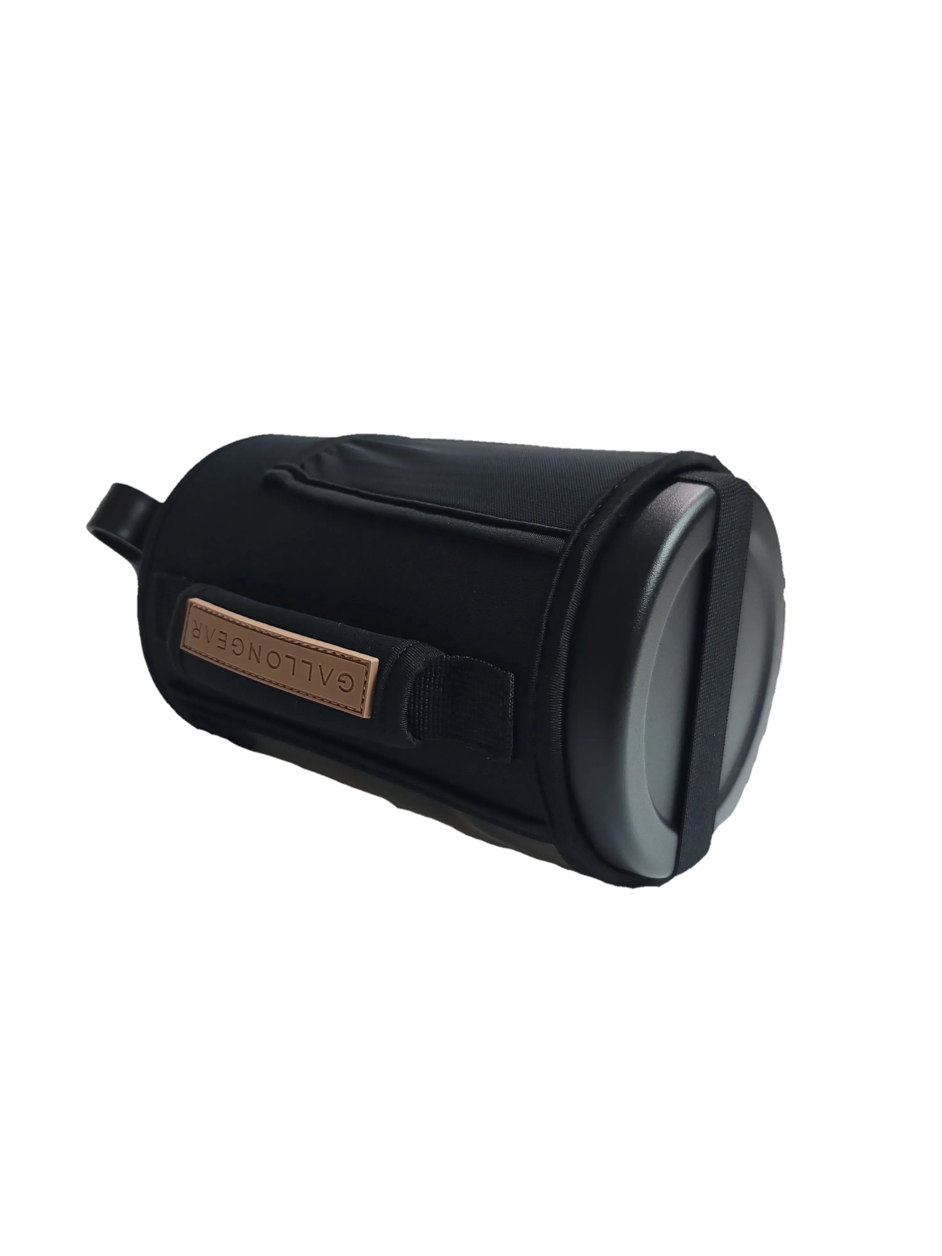 Black Gallon Gear water bottle carrier with tan label, designed for gym and fitness use