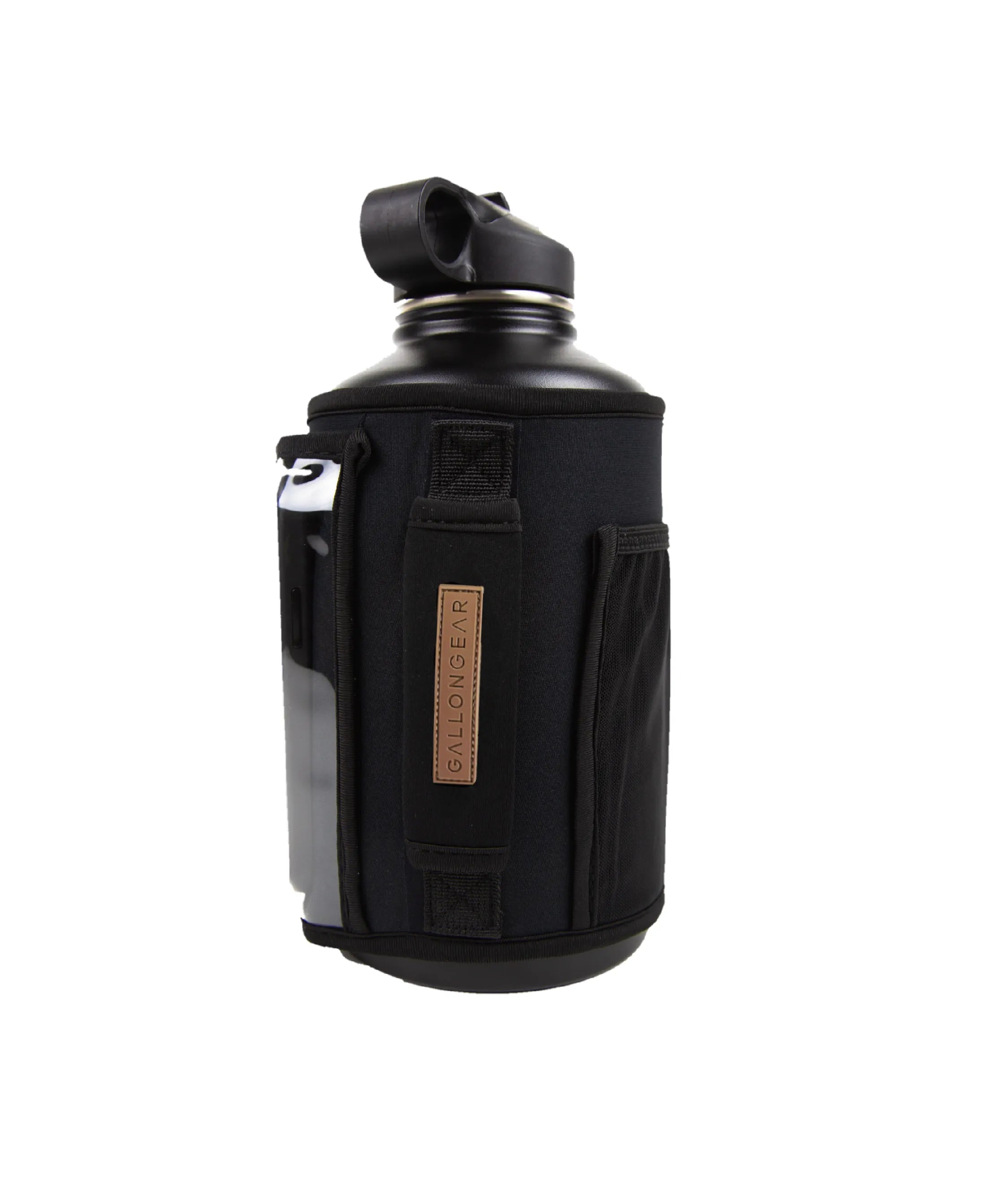 * IN - STOCK * 2025 GALLON GEAR COMBO 40 OUNCE STAINLESS STEEL | GYM WATER BOTTLE WITH SLEEVE | NEOPRENE SLEEVE WITH CARRYING HANDLE (BLACK BOTTLE /BLACK/BROWN SLEEVE)