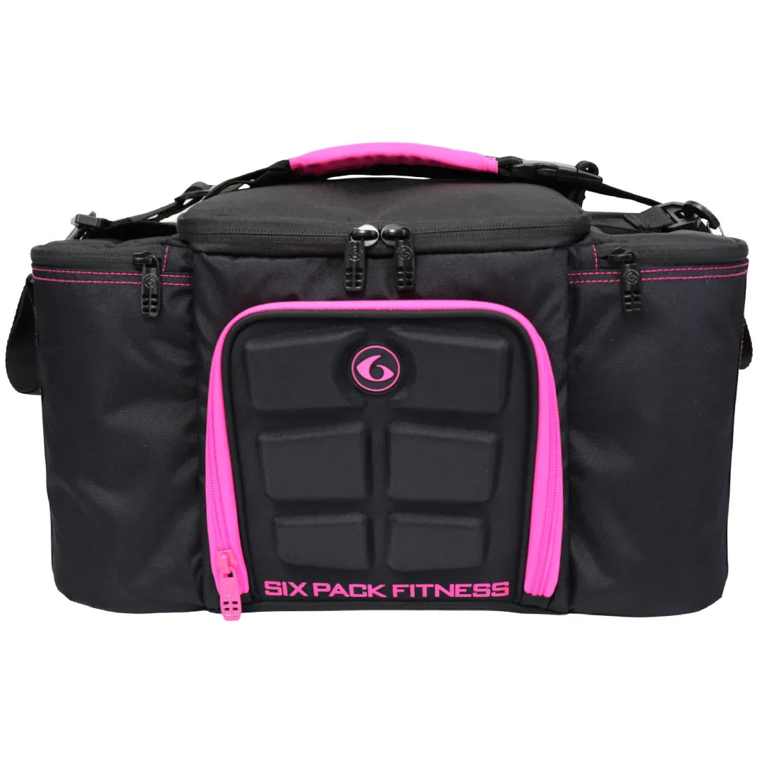 Black and pink Six Pack Fitness meal prep bag with 6-pack abs design, ideal for gym and fitness nutrition storage.