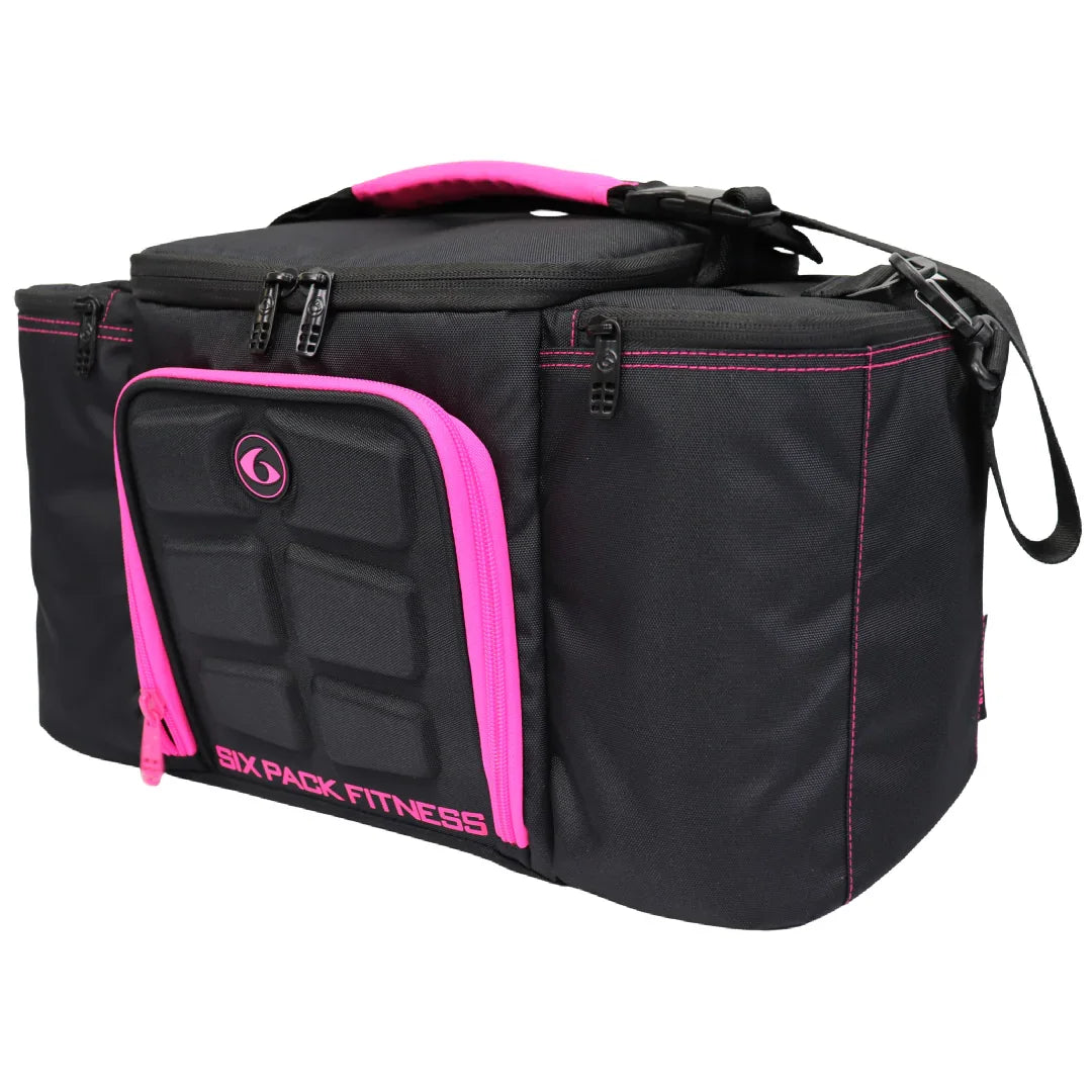 Black and pink 6 Pack Fitness meal prep bag with multiple zippers and compartments for gym essentials