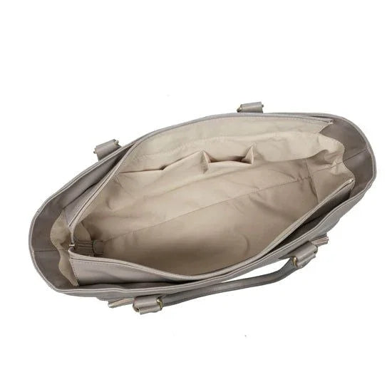 Spacious beige meal prep bag interior with multiple compartments for organized fitness food storage