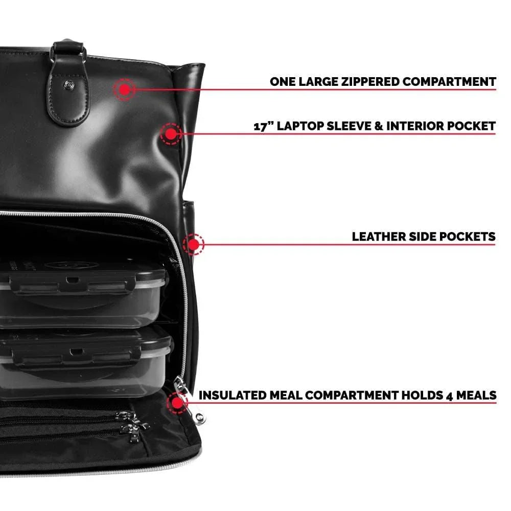Black meal prep bag with insulated compartment for 4 meals, 17" laptop sleeve, and leather side pockets