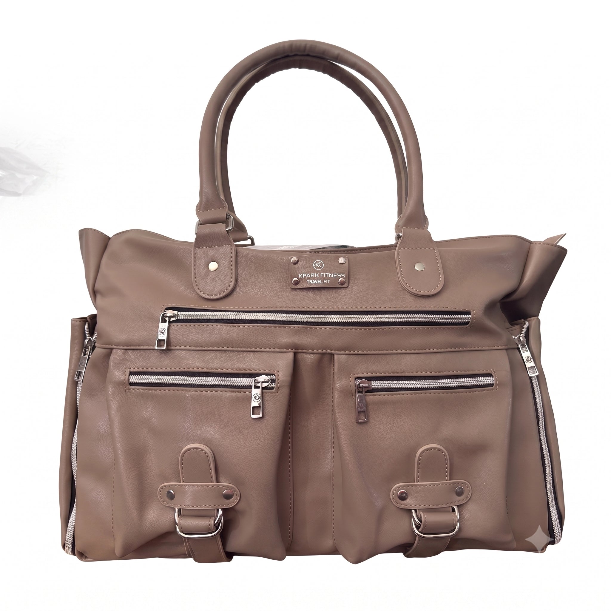 A beige brown faux-leather handbag with multiple zippered pockets and top handles, shown against a plain white background.