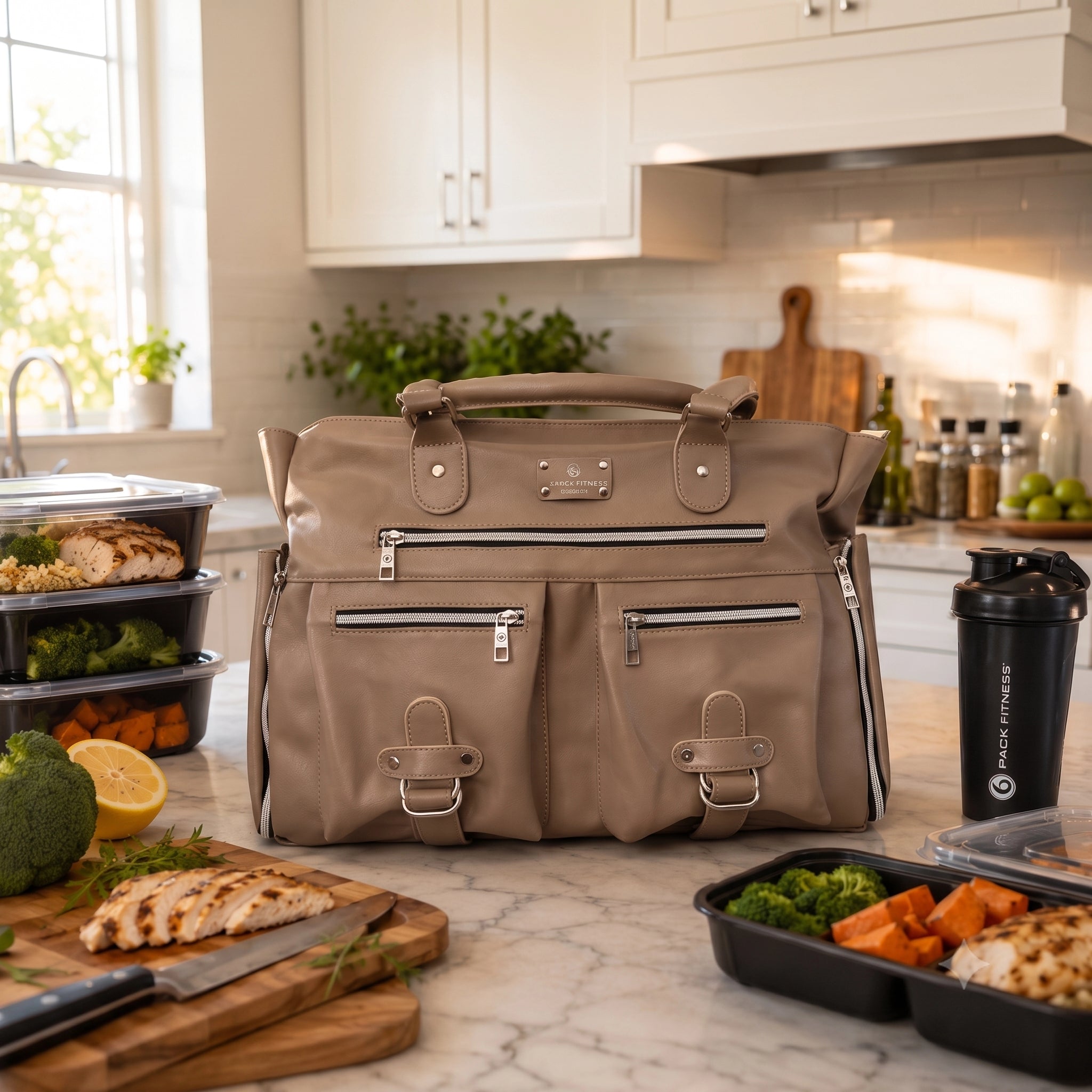A beige leather meal prep shoulder bag with silver hardware is displayed on a marble kitchen counter surrounded by healthy food containers, a shaker bottle, and kitchen accessories.