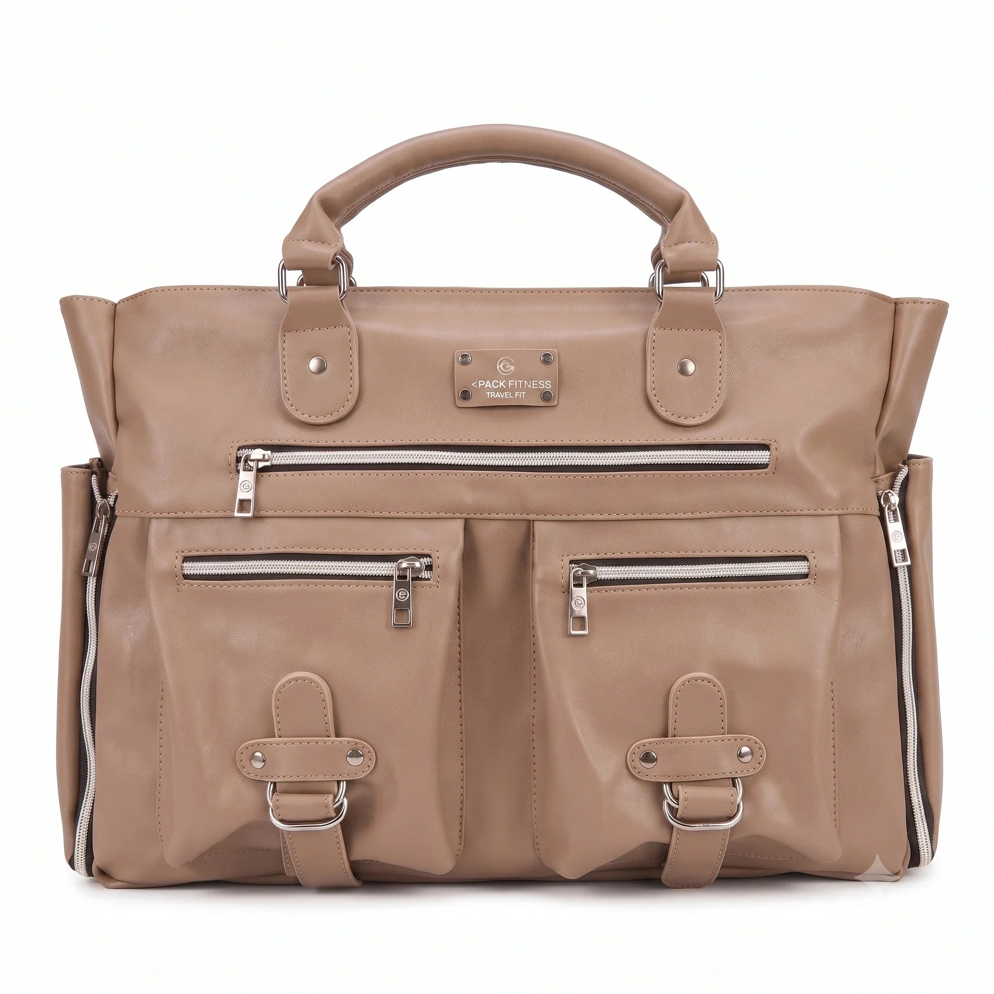 A beige brown leather meal prep bag with multiple zippered pockets and top handles, shown against a plain white background.