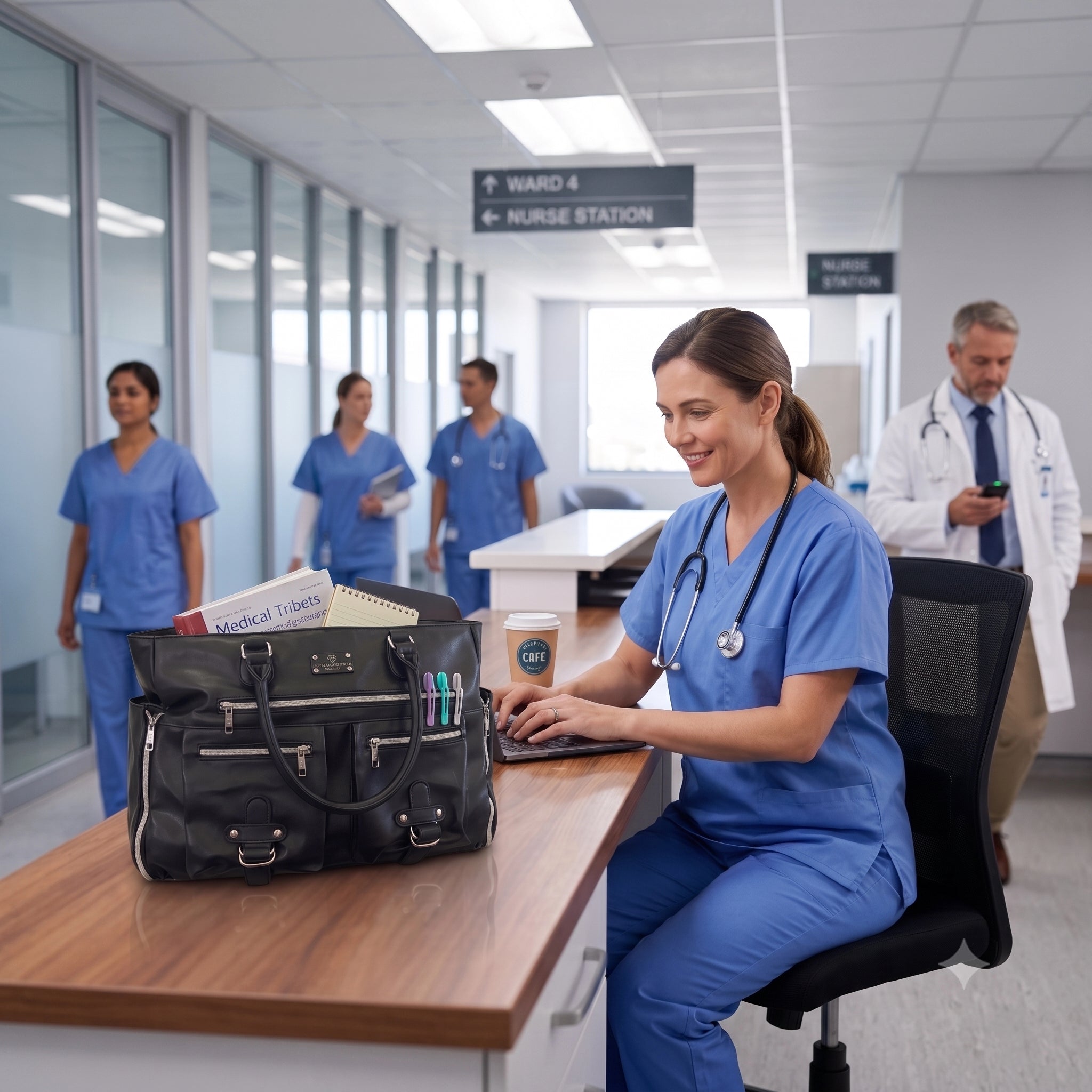 A woman in blue scrubs sits at a hospital desk using a laptop, with a black meal prep bag beside her. Other healthcare workers are visible in the background of a bright, modern clinic or hospital corridor.