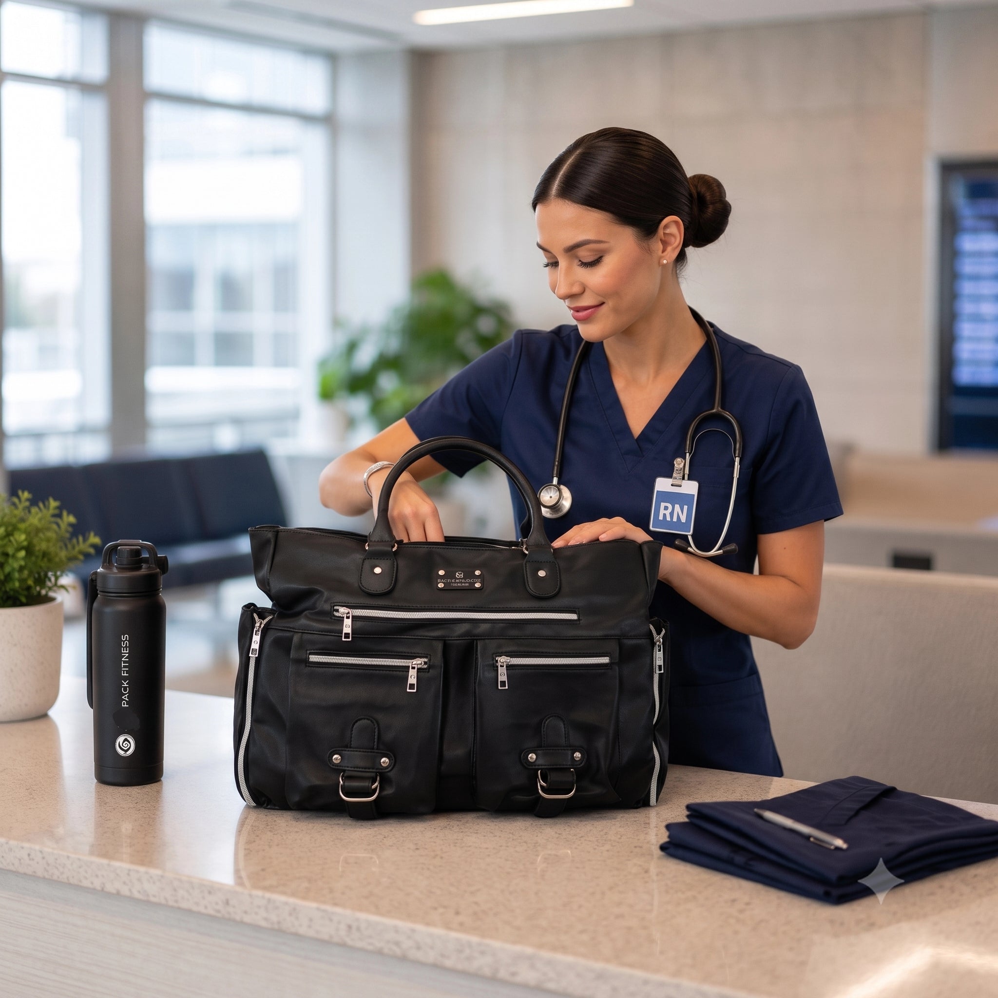 A woman in navy blue scrubs packing a black multi-compartment meal pre bag on a reception desk. The woman's bag has silver zippers and hardware, and the scene is set in a modern, bright hospital or clinic lobby.