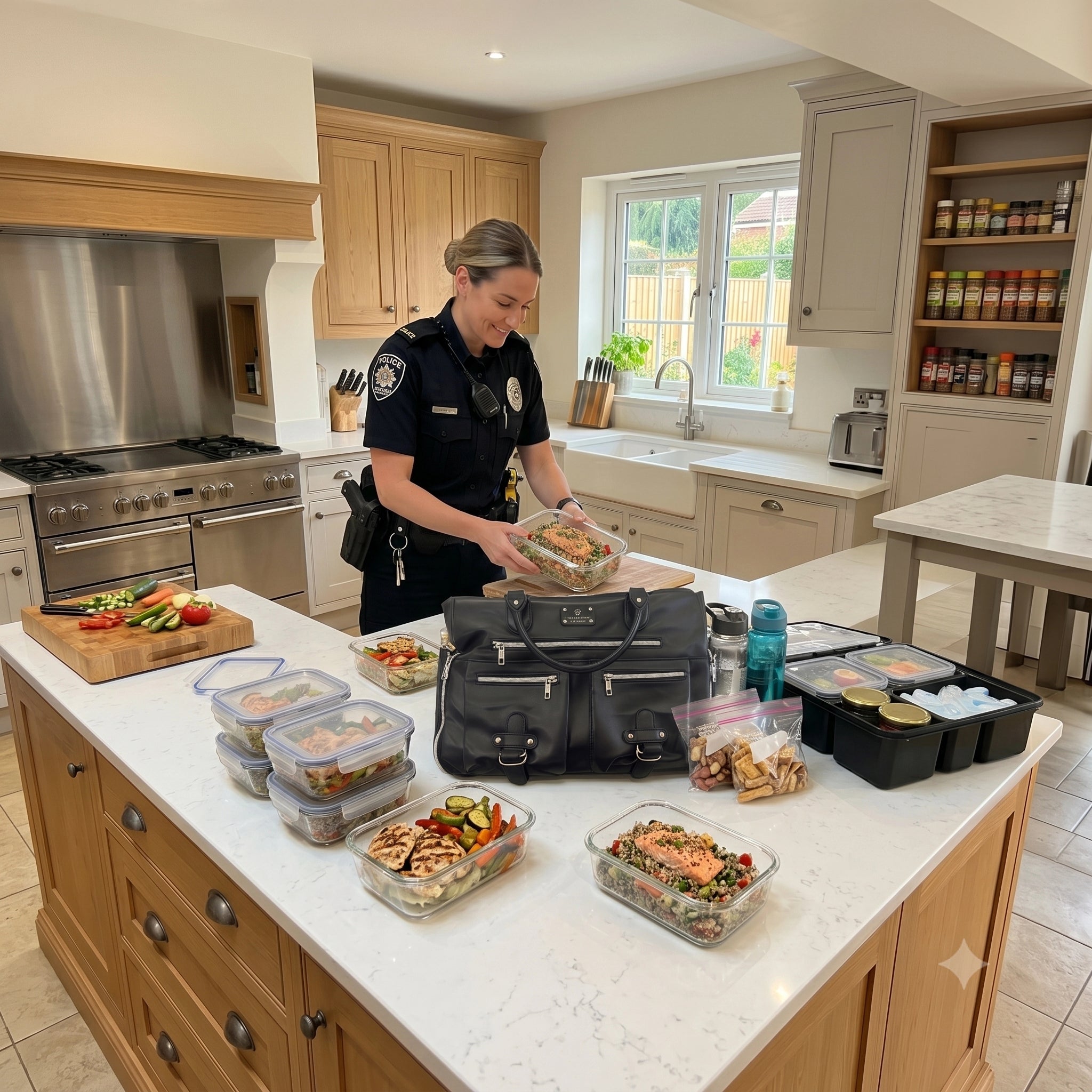 A woman in a police uniform stands in a bright kitchen holding a prepared meal container, with multiple lunch boxes and a black woman's tote arranged on a white kitchen island.