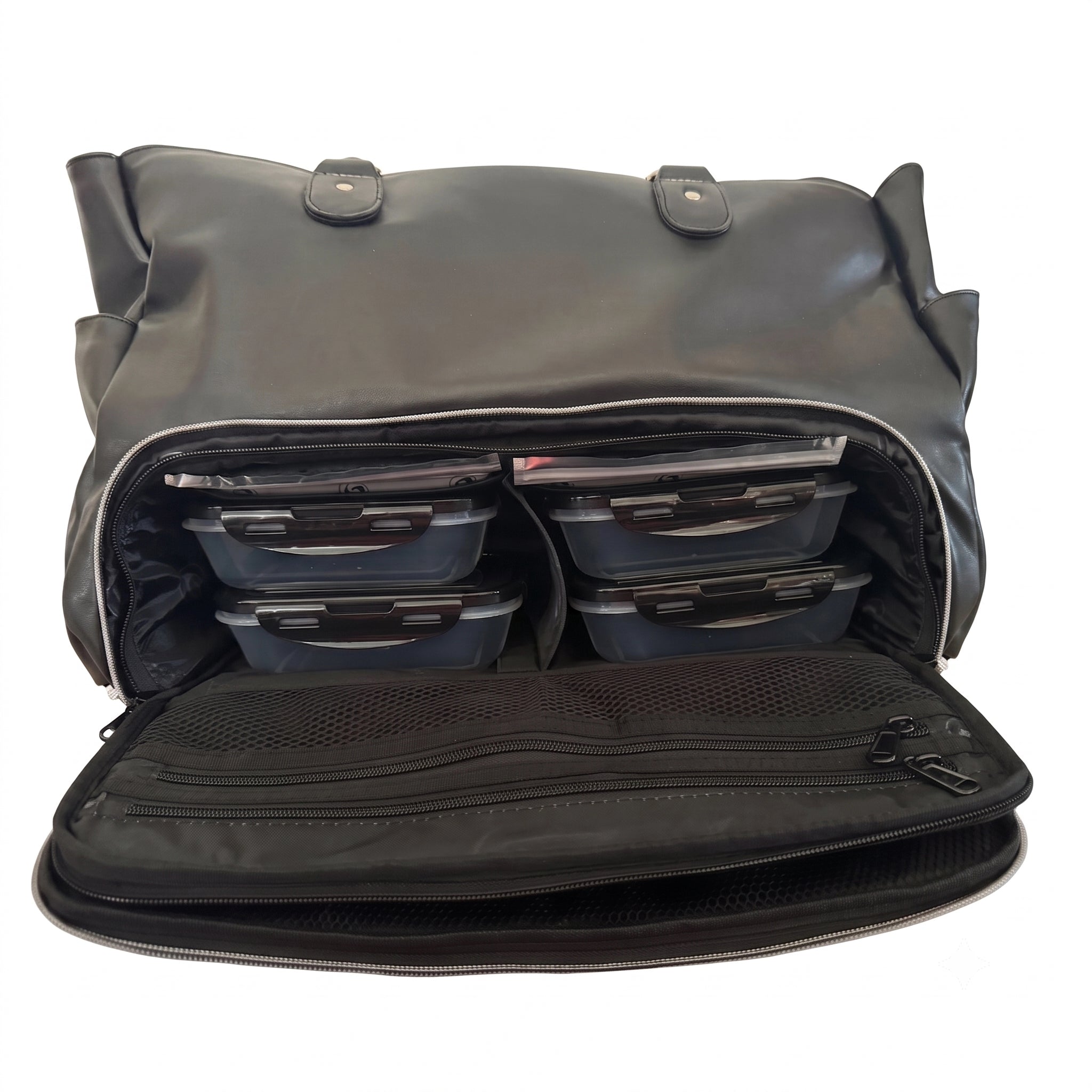 A black leatherette travel bag shown open, revealing a storage organizer inside with multiple clear plastic containers and a zippered compartment in the rear panel, set against a plain white background.