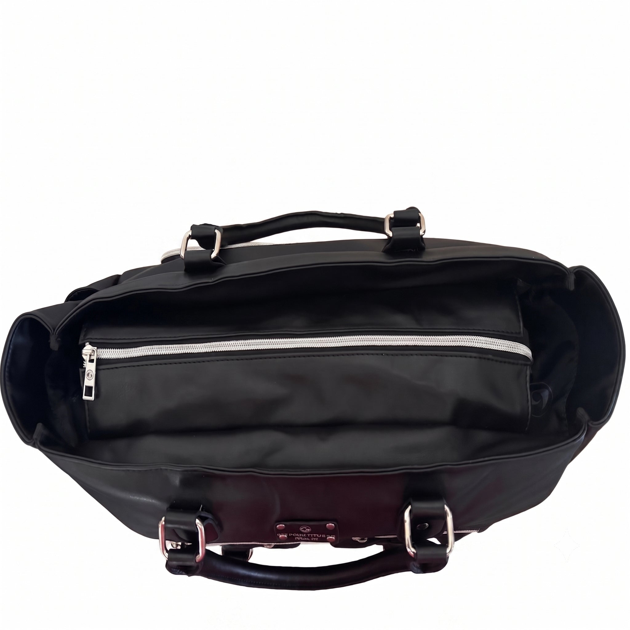 Black leather meal prep bag shown open from the top, revealing a zippered interior pocket, black handles, and silver-tone hardware against a white background.