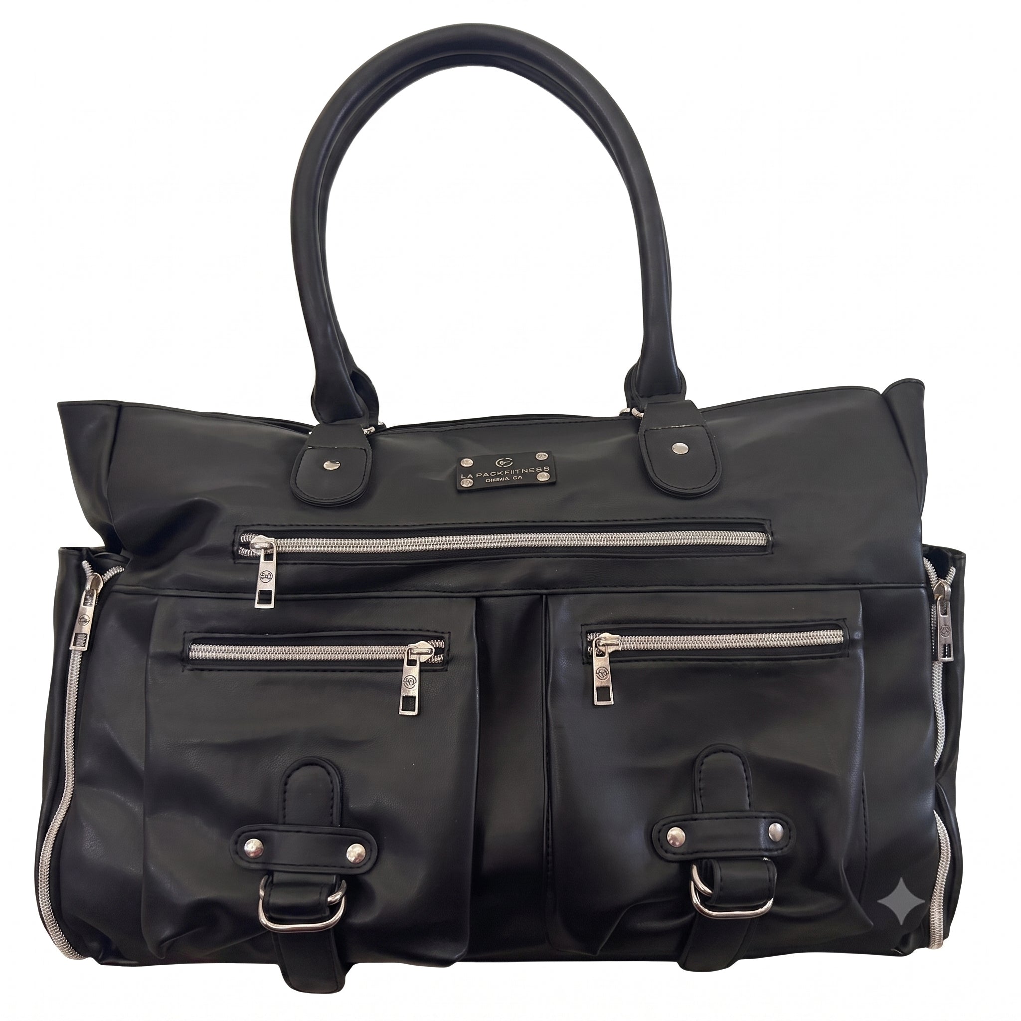 A black leather woman's handbag with dual top handles, multiple zippered pockets, and silver-tone hardware, shown against a plain white background.