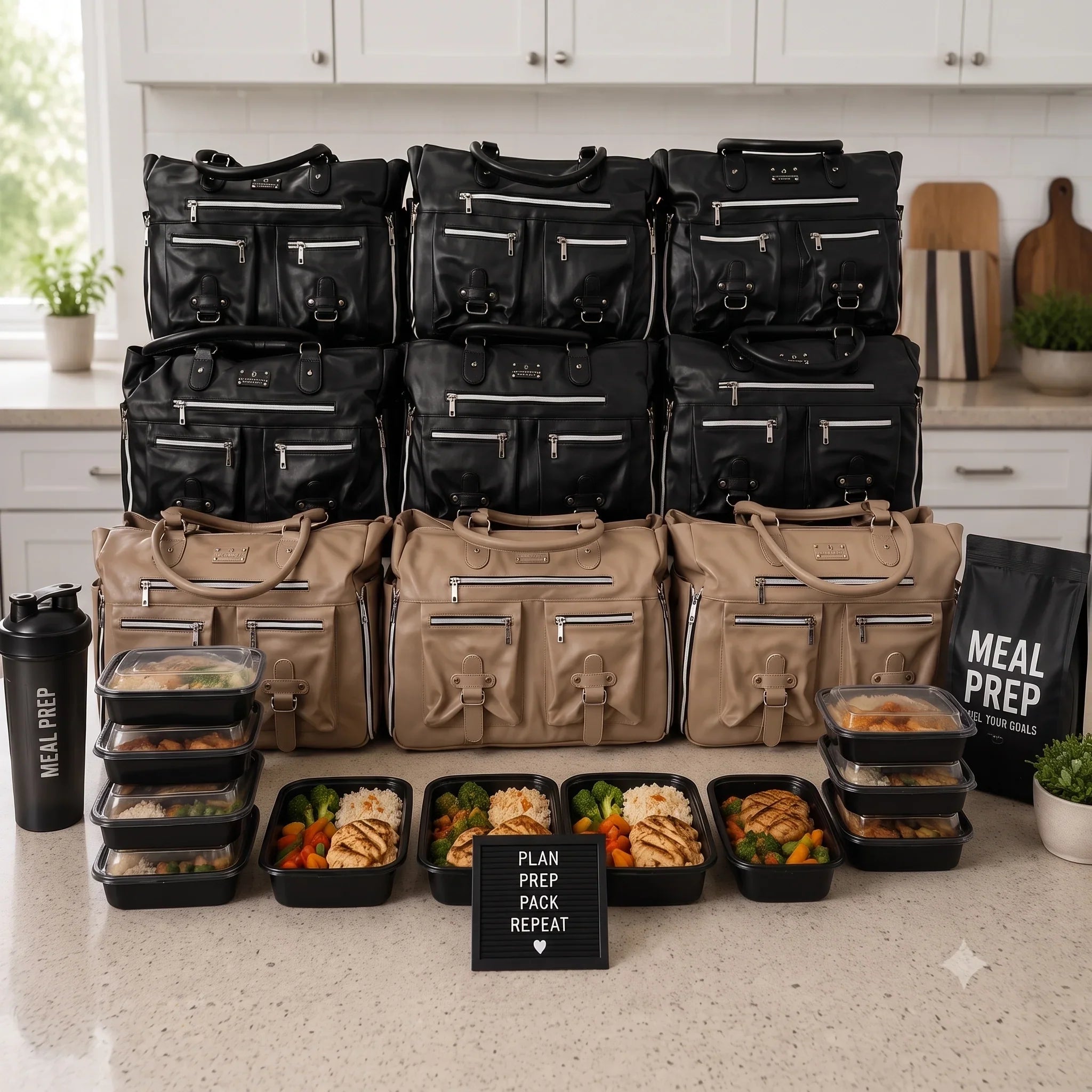 A kitchen counter displays a bulk set of black and beige woman's meal prep bags stacked in three rows, alongside pre-portioned meal prep containers, a black water bottle, and a black bag labeled 'MEAL PREP'.