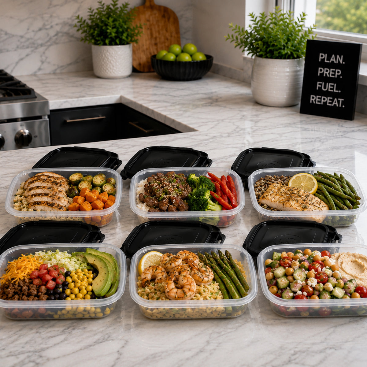 Meal Prep Management 20oz Containers | SET OF 6 | Clear/Black | Six Pack Bags