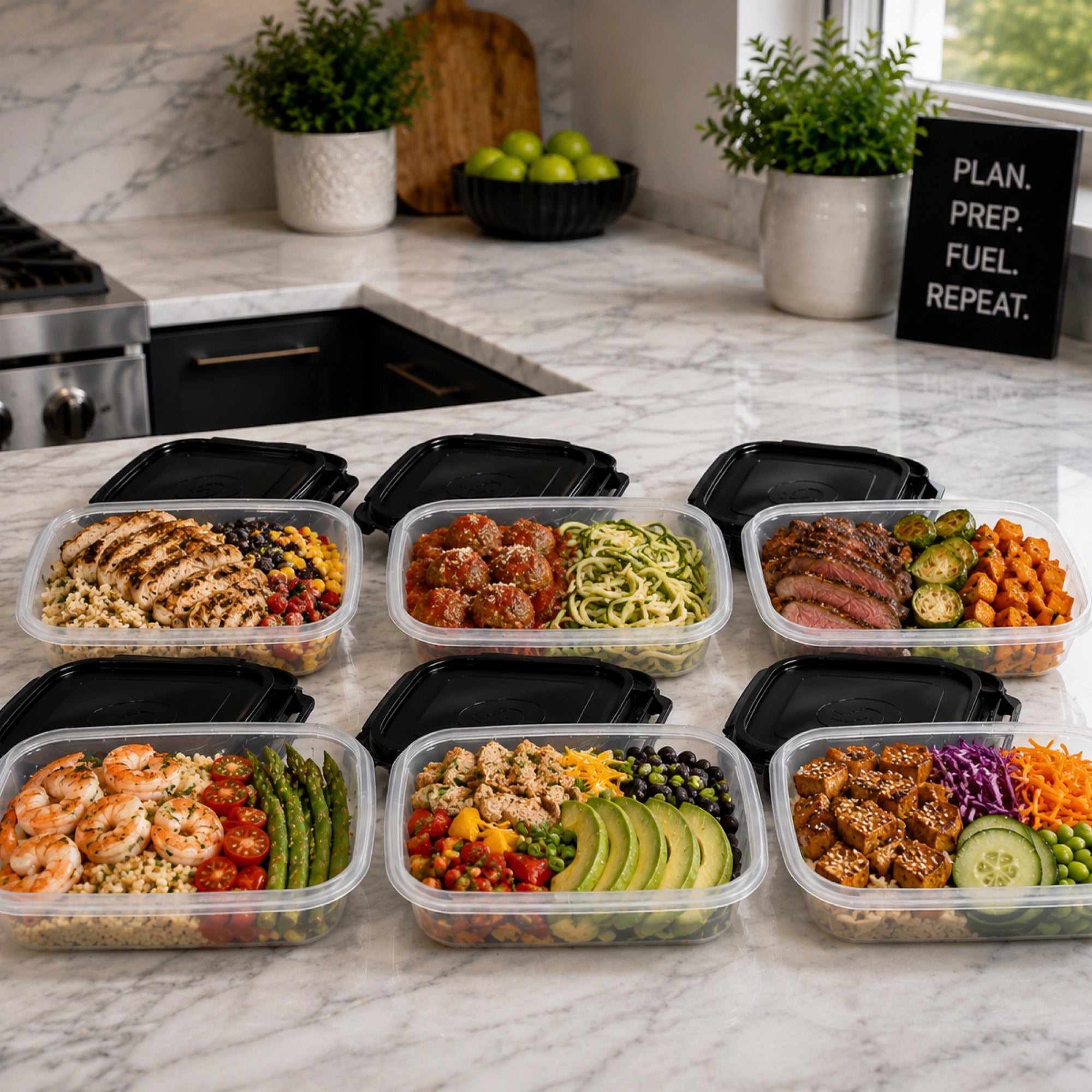 Meal Prep Management 24oz Containers | SET OF 6 | Clear/Black | Six Pack Bags