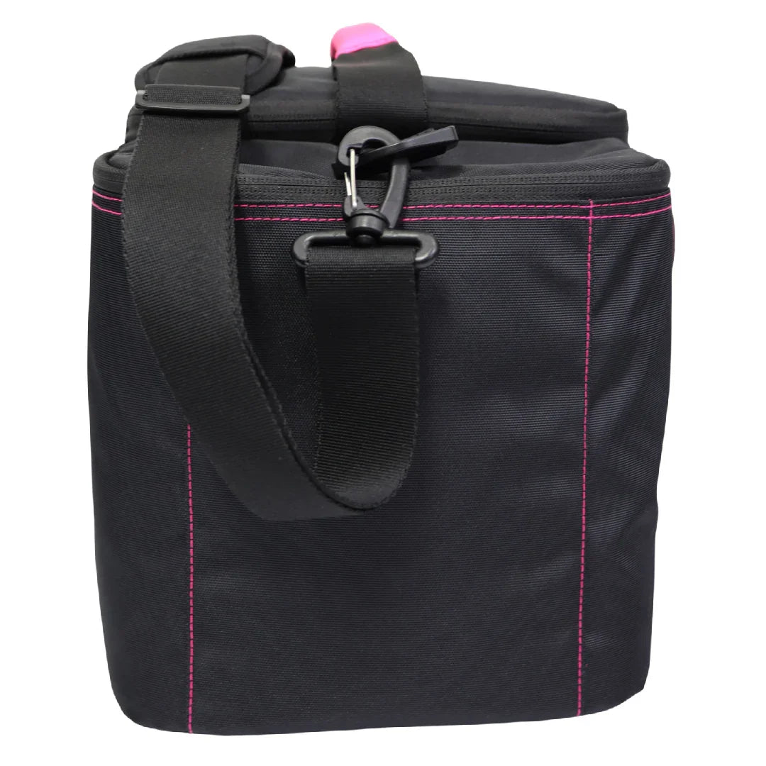 Black meal prep bag with pink stitching, adjustable strap, and secure clasp for gym or on-the-go fitness meals.