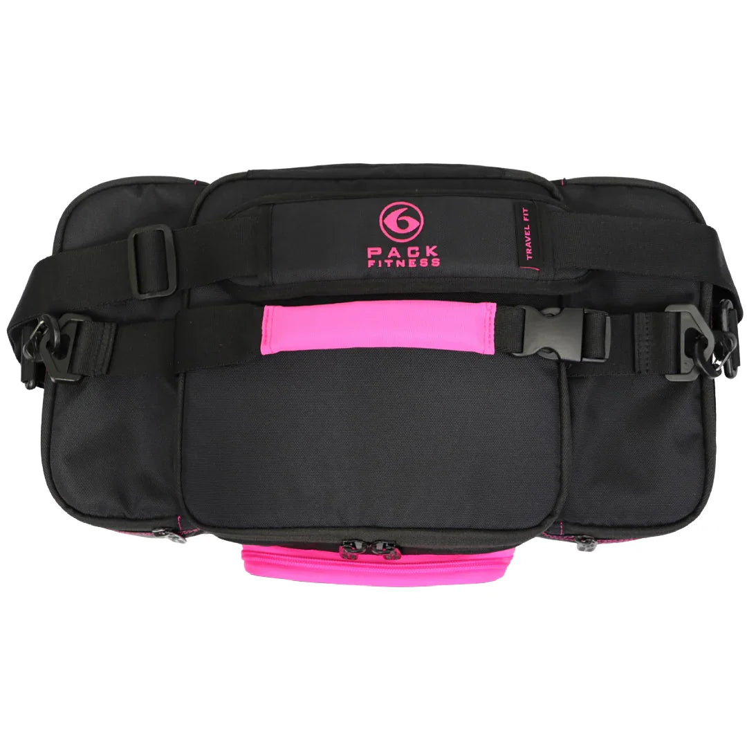 Black and pink fitness waist bag with adjustable straps and multiple compartments for gym or travel